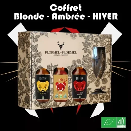 Coffret 3 bières de dégustation Hiver - Blonde - Ambrée + 1 verre "ERMIN" – Image 1